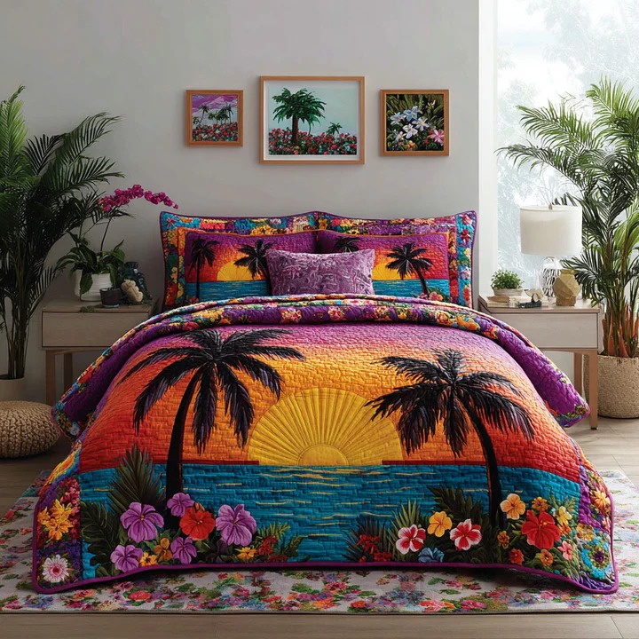 Island Sunset Quilted Bedding Set Tropical Bedroom Decor Cozy Home Gift For Beach Lovers