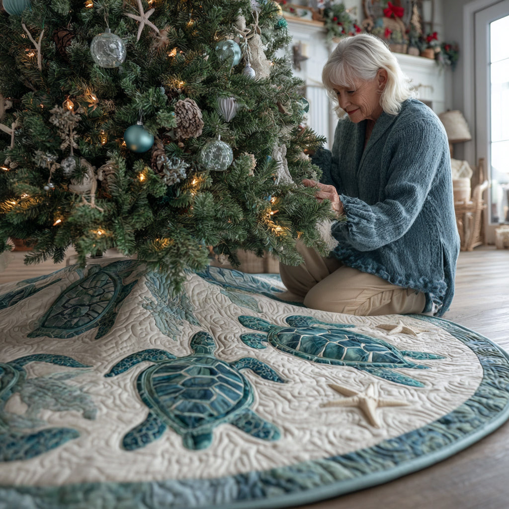 Island Wanderer Turtle Christmas Quilted Tree Skirt Winter Decor Christmas Gifts For Turtle Lovers
