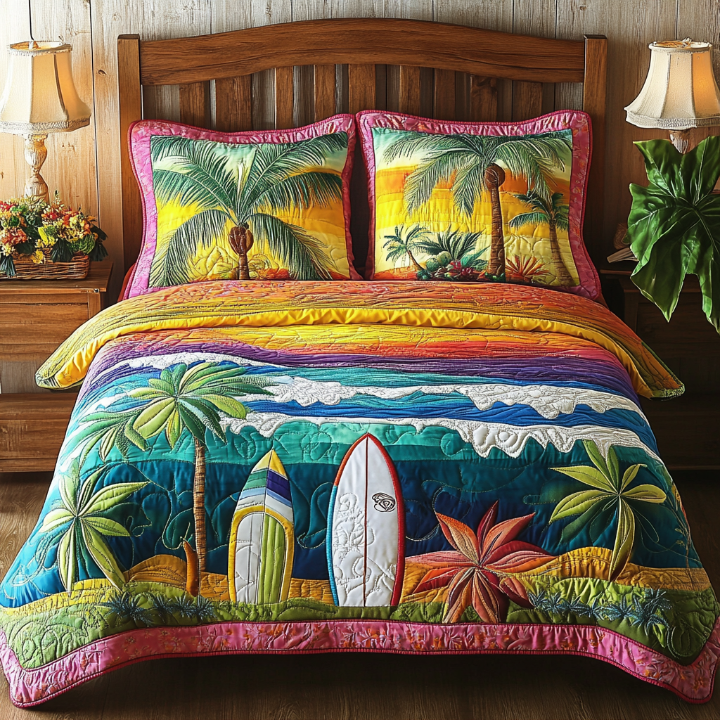 Island Waves Quilted Bedding Set Bedroom Decor Christmas Presents For Beach Lovers