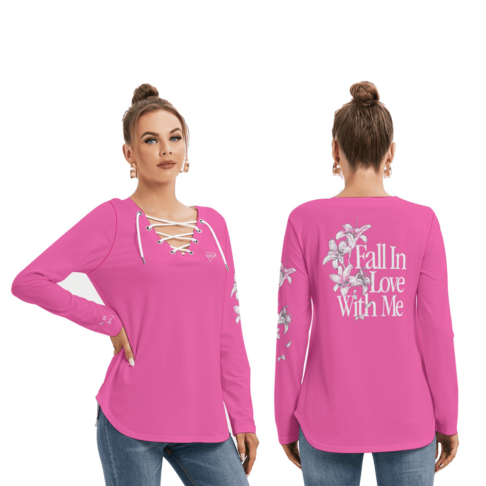 It Ends With Us Merch Fall In Love With Me Colleen Hoover Lace Up V-Neck Shirt Long Sleeve Women's