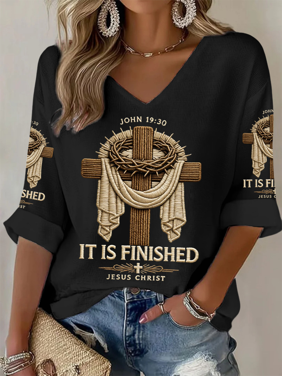 It Is Finished Jesus Christ V-Neck Long Sleeve Shirt Christian Faith Cross Merch Religious Gift