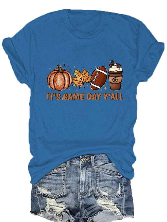 It's Game Day Y'all Football T-Shirt Pumpkin Maple Leaf Pattern Game Day Clothing Gifts