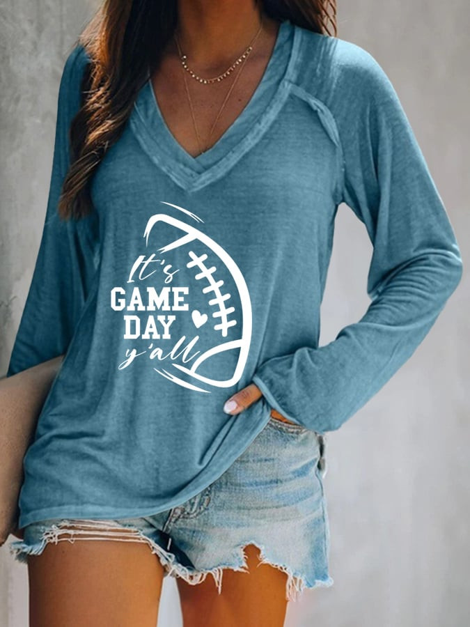 It's Game Day Y'all Football V-Neck Long Sleeve Shirt Game Day Apparel Football Gifts For Her