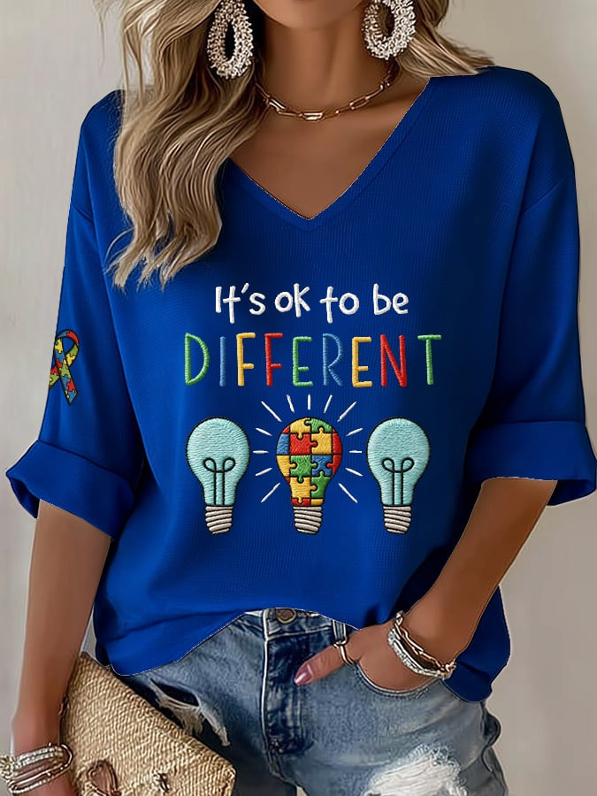 It's Ok To Be Different V-Neck Long Sleeve Shirt Love Support Autism Apparel Gift For Autism Mom