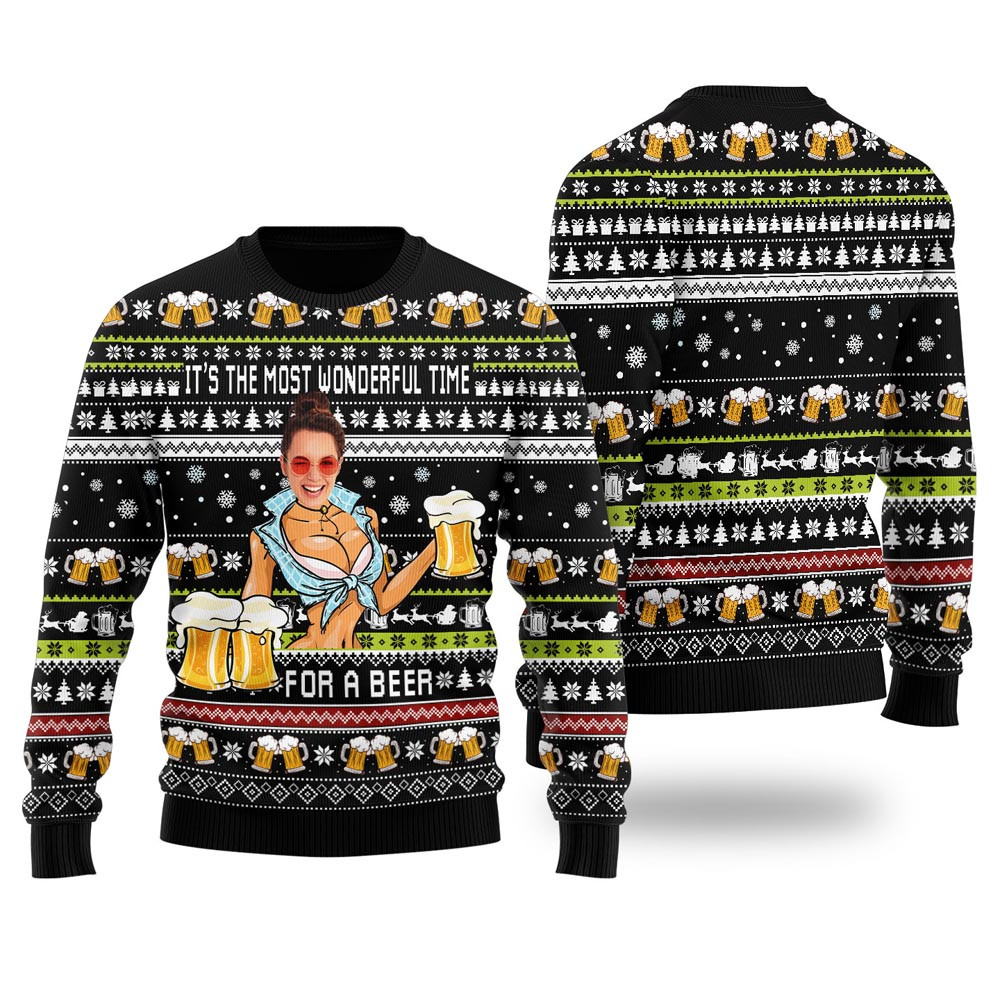 Its The Most Wonderful Time For A Beer Custom Face Ugly Christmas Sweater Black Best Ugly Sweaters For Christmas