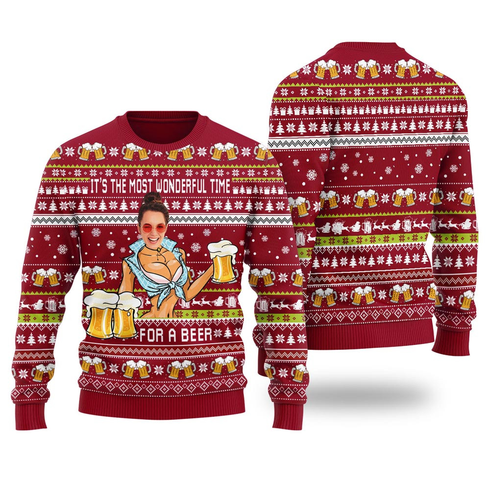 Its The Most Wonderful Time For A Beer Custom Face Ugly Christmas Sweater Cardinal Red Christmas Ideas For Girlfriend