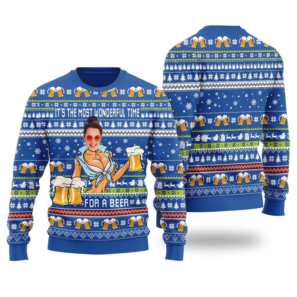 Its The Most Wonderful Time For A Beer Custom Face Ugly Christmas Sweater Royal Cute Sweaters For Christmas