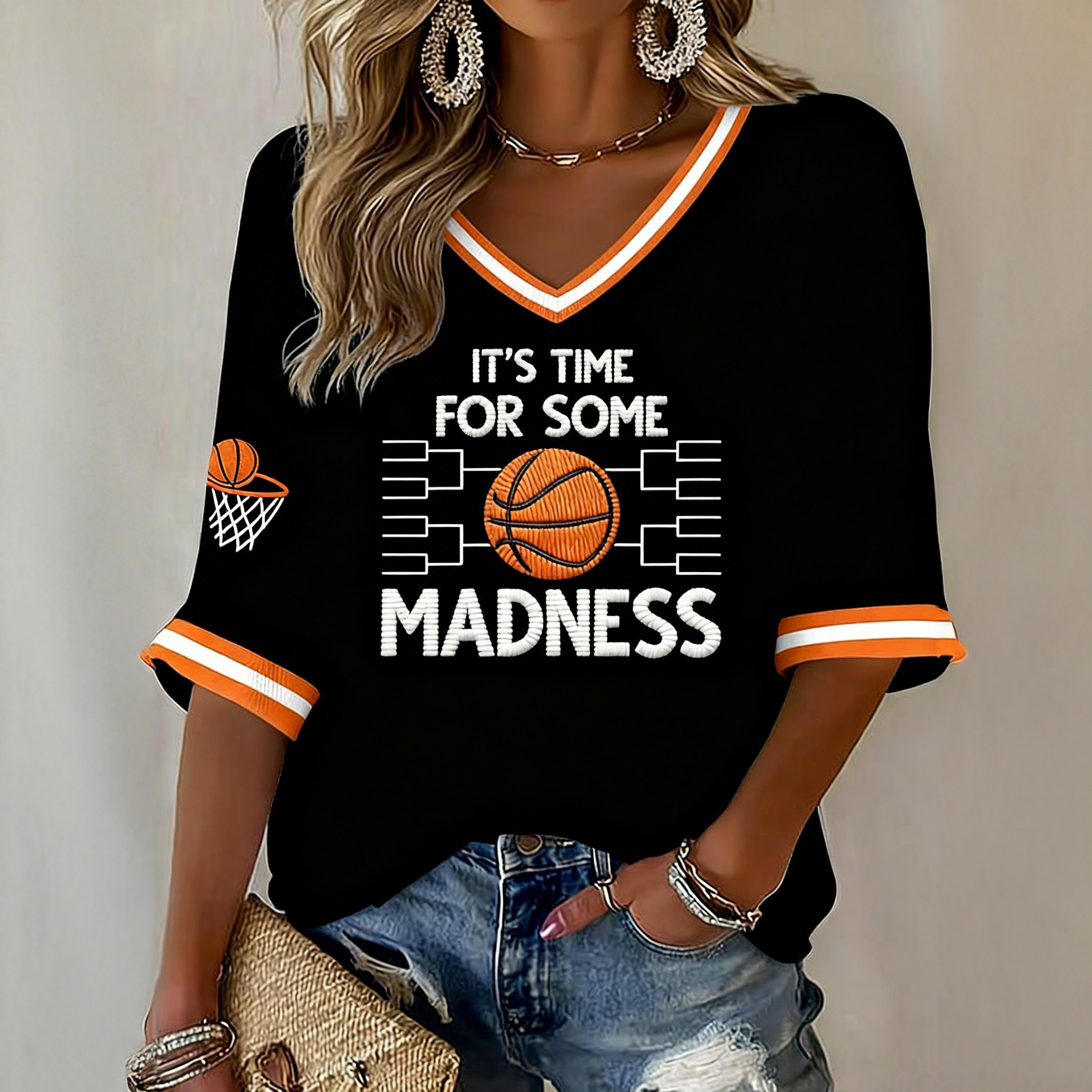 It's Time For Some Madness Basketball V-Neck Long Sleeve Shirt Game Day Basketball Apparel