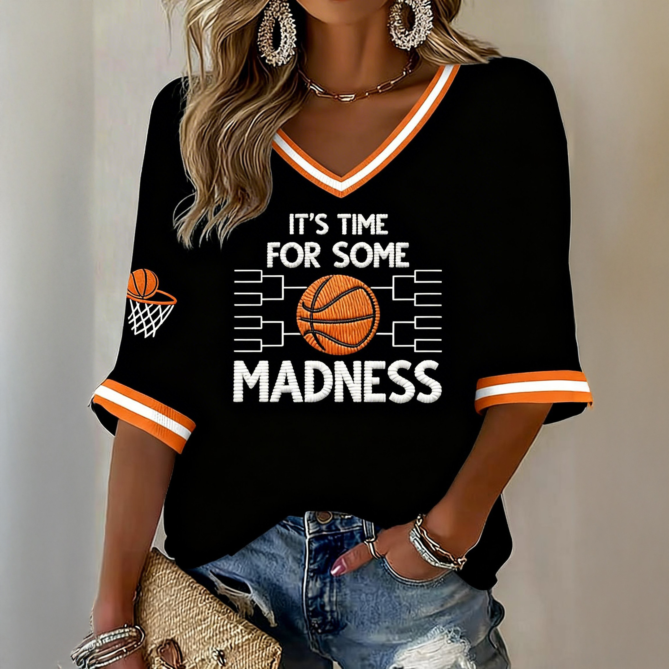 It's Time For SOme Madness V-Neck Long Sleeve Shirt March Madness Basketball Merch Gift For Mom