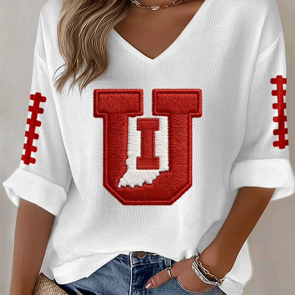 IU Indiana Hoosiers V-Neck Long Sleeve Shirt Game Day Merch Football Presents For Her