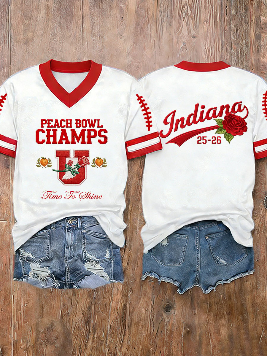 IU National Championship Merch Indiana National Champions V-Neck Shirt Indiana Peach Bowl Champs