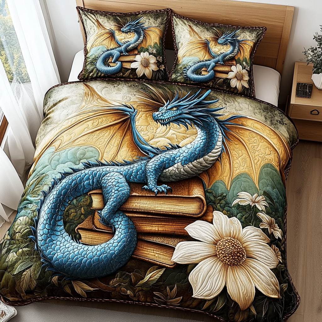Ivory Bloom Dragon Quilted Bedding Set Personalized Bedding Set Gift for Couples