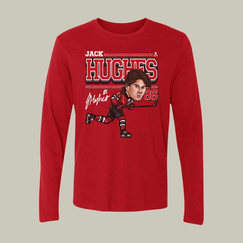 Jack Hughes New Jersey Cartoon Long Sleeve Shirt USA Hockey Gold Merchandise