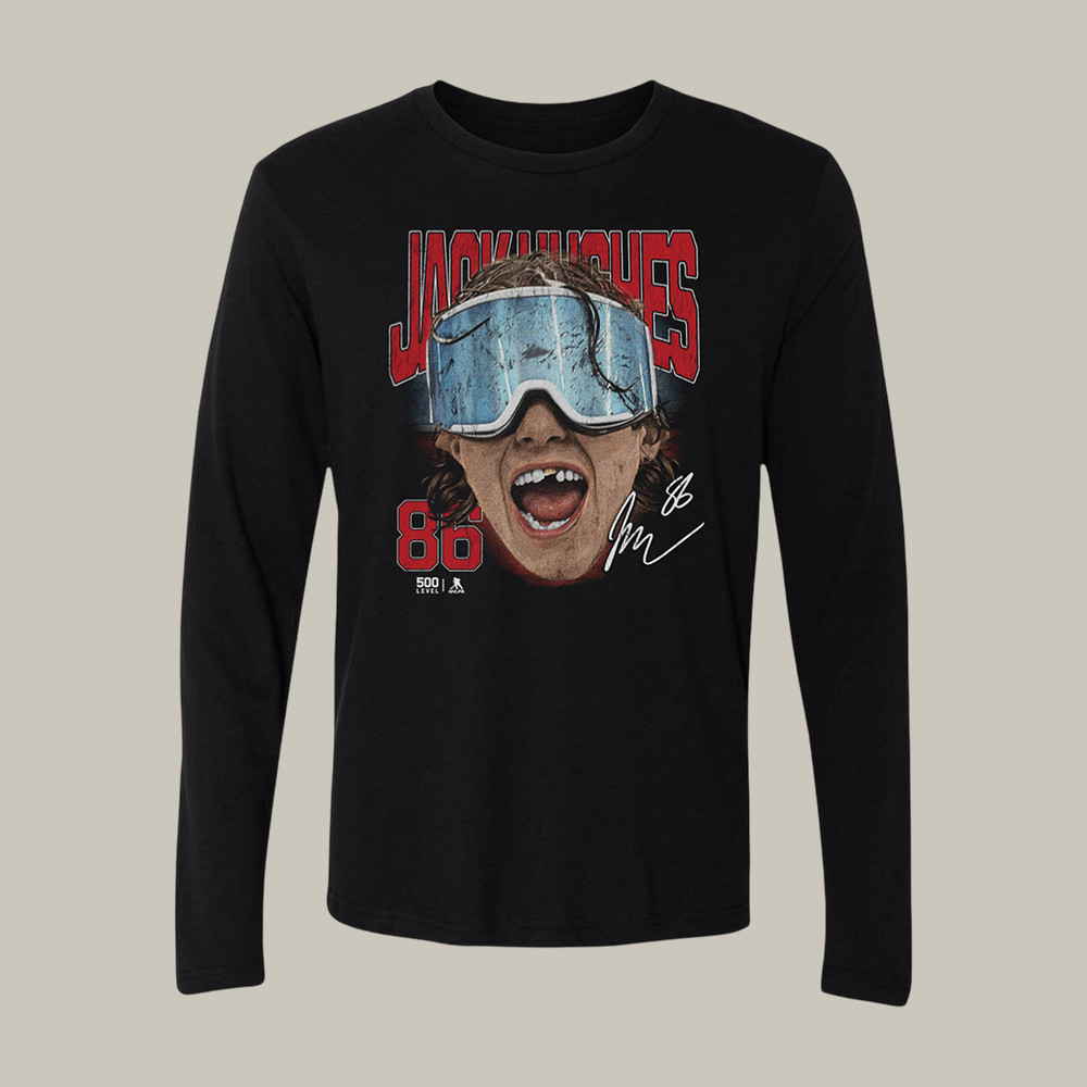Jack Hughes New Jersey Goggles Long Sleeve Shirt USA Hockey Gold Merchandise Fan Gear