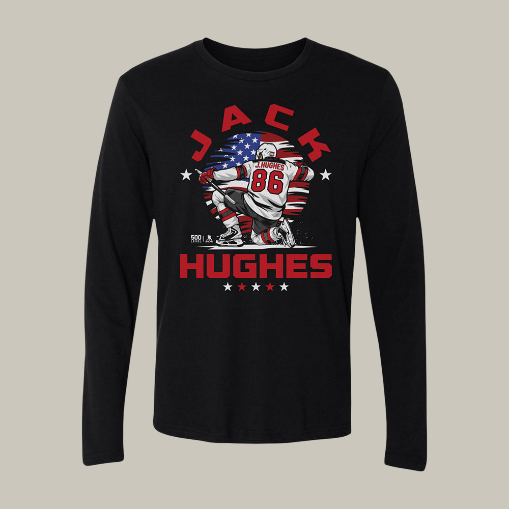 Jack Hughes New Jersey USA Flag Celebration Long Sleeve Shirt USA Hockey Team Apparel