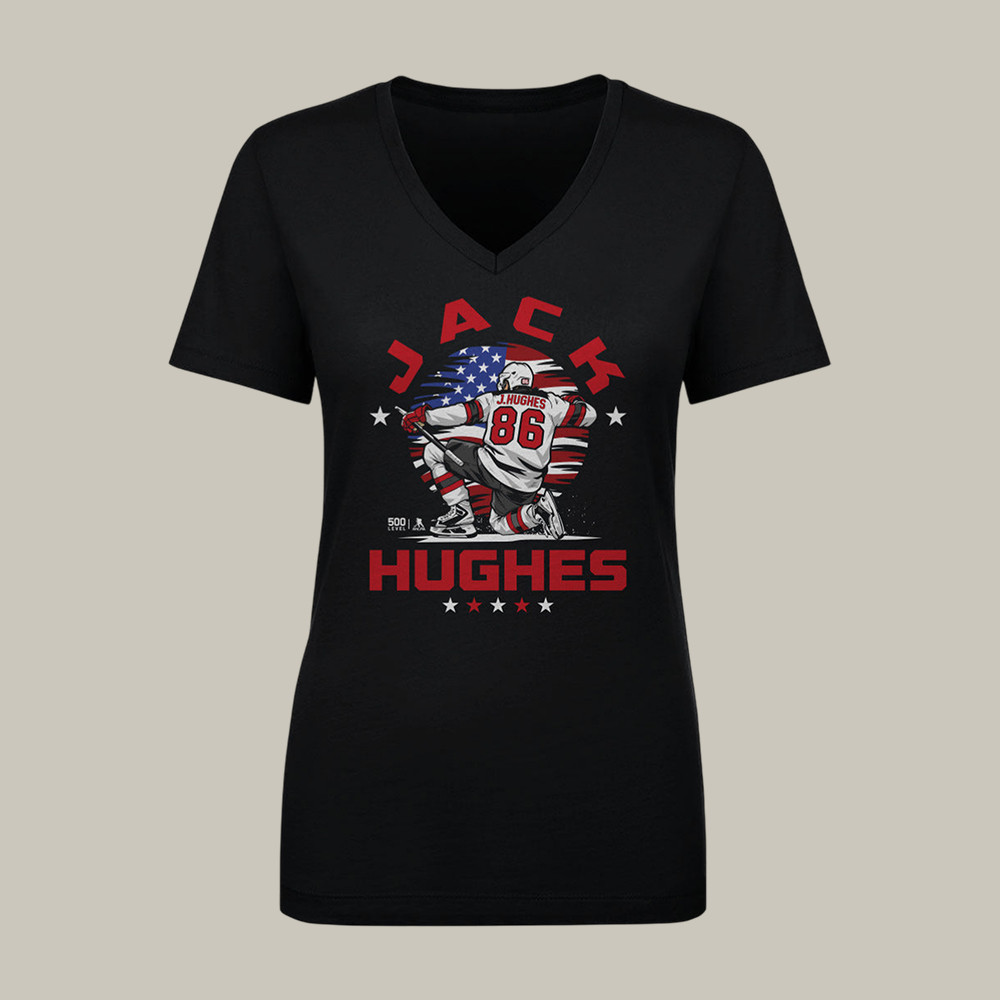 Jack Hughes New Jersey USA Flag Celebration V-Neck Shirt USA Hockey Olympic Merch Best Gift