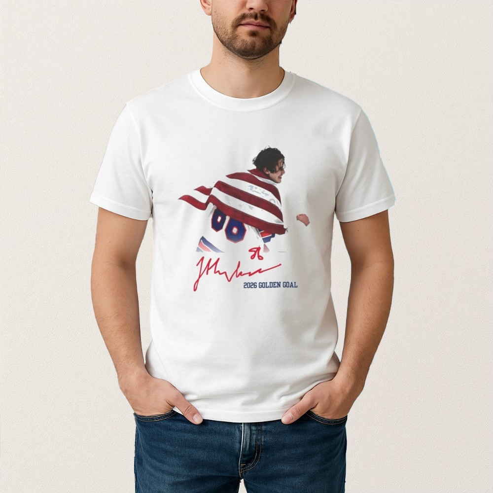 Jack Hughes Usa Hockey Golden Goal 2026 Hockey Signature T-Shirt USA Hockey Gold Shirt Fan Gift