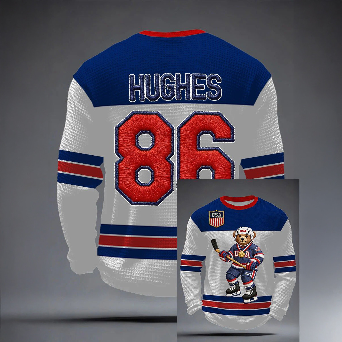 Jack Hughes USA Hockey Team 86 Long Sleeve Shirt Bear Graphic USA Hockey Merch Fan Gear