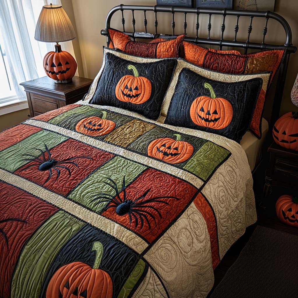Jack Lanterns Quilted Bedding Set Unique Bed Sheet Set Halloween Gifts For Girlfriend