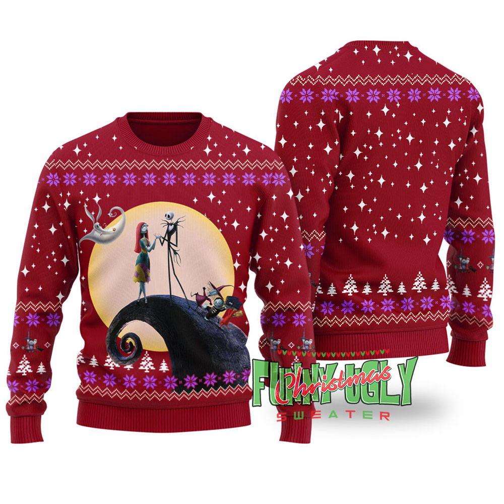 Jack N Sally Nightmare Before Christmas Funny Christmas Sweater Cardinal Red Custom Holiday Sweater Merch That Warms the Heart