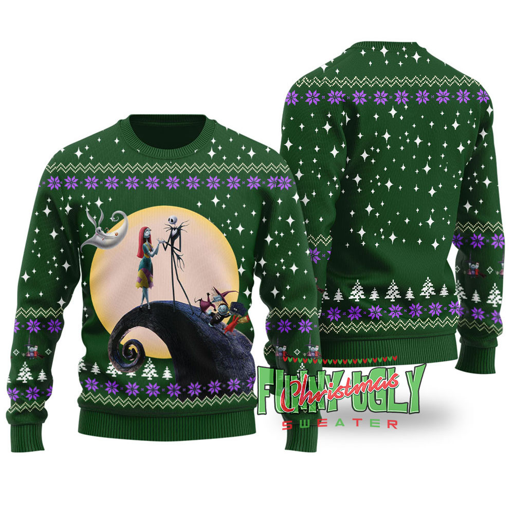 Jack N Sally Nightmare Before Christmas Funny Christmas Sweater Forest Green Classic Holiday Sweater for Festive Looks
