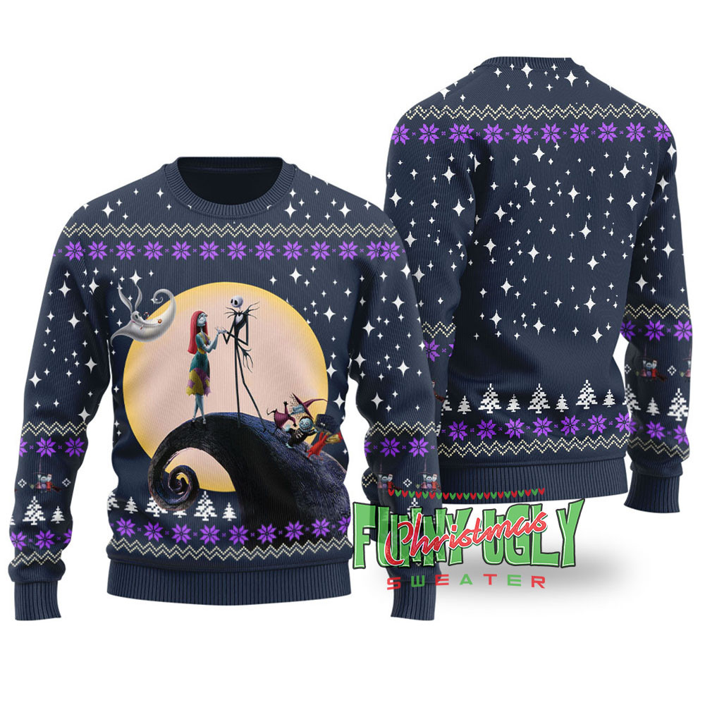 Jack N Sally Nightmare Before Christmas Funny Christmas Sweater Navy Personalized Christmas Sweatshirt Gift for Family
