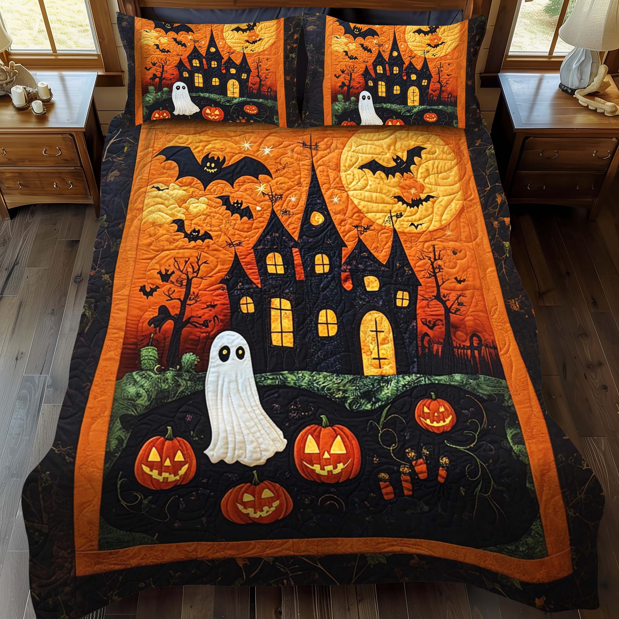 Jack O Lantern Quilted Bedding Set Full Size Sheets Holiday Gifts for Mom