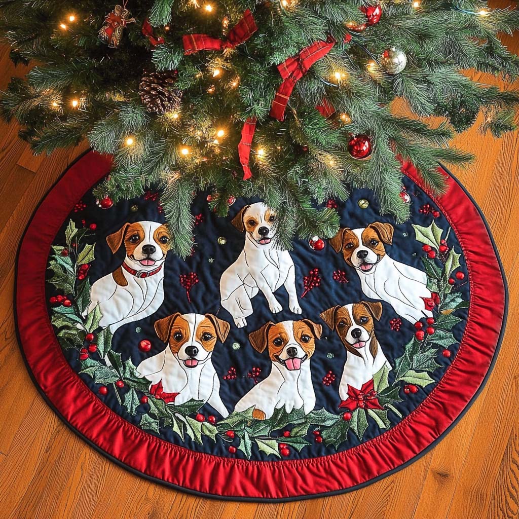 Jack Russell Fun Christmas Quilted Tree Skirt Holiday Tree Base Decoration Family Holiday Gathering Decor