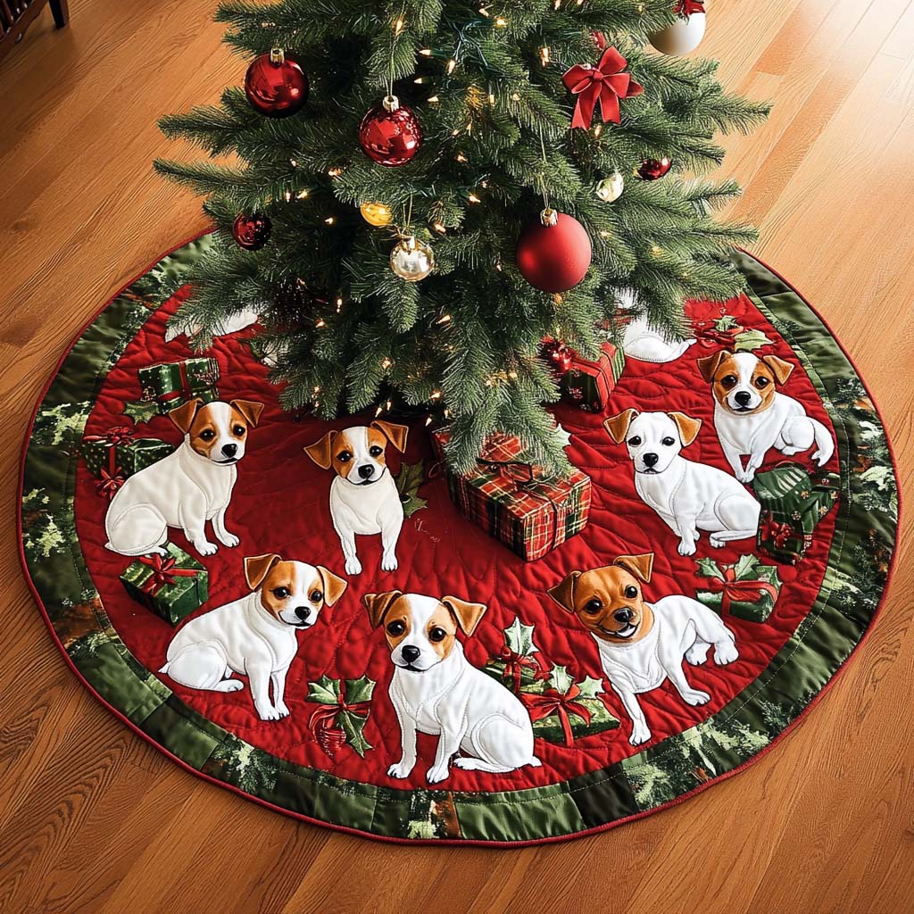 Jack Russell Joy Christmas Quilted Tree Skirt Holiday Party Decor for Home Under-Tree Christmas Decor