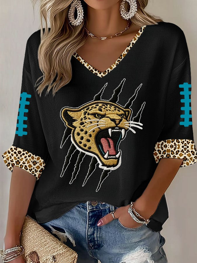 Jacksonville Football Leopard Pattern Waffle Long Sleeve V-Neck T-Shirt Jaguars Merch Gifts