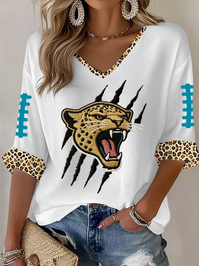 Jacksonville Football Leopard Pattern Waffle Long Sleeve V-Neck T-Shirt Jaguars Merch Gifts