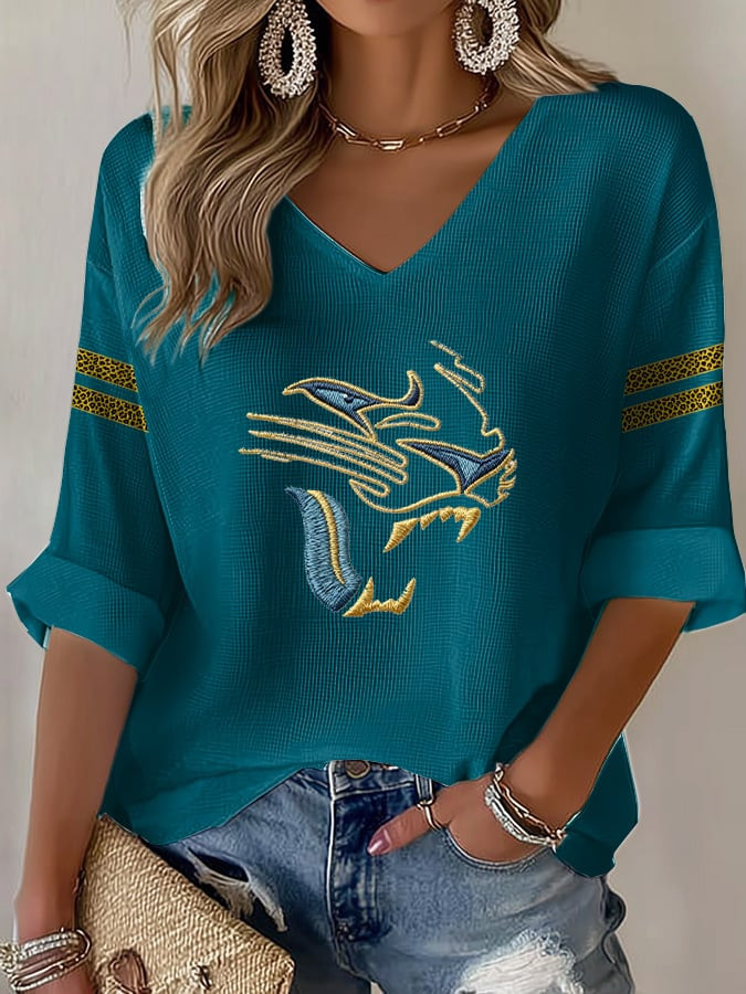 Jacksonville Jaguars Merch Football Team V-Neck Long Sleeve Shirt Game Day Clothing Present For Her