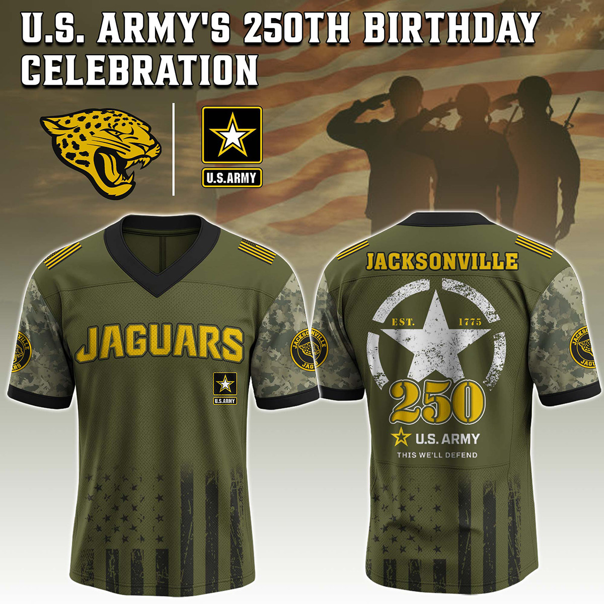 Jacksonville Jaguars US Army 250th Anniversary Football Jersey V-Neck Gift For Jags Fans