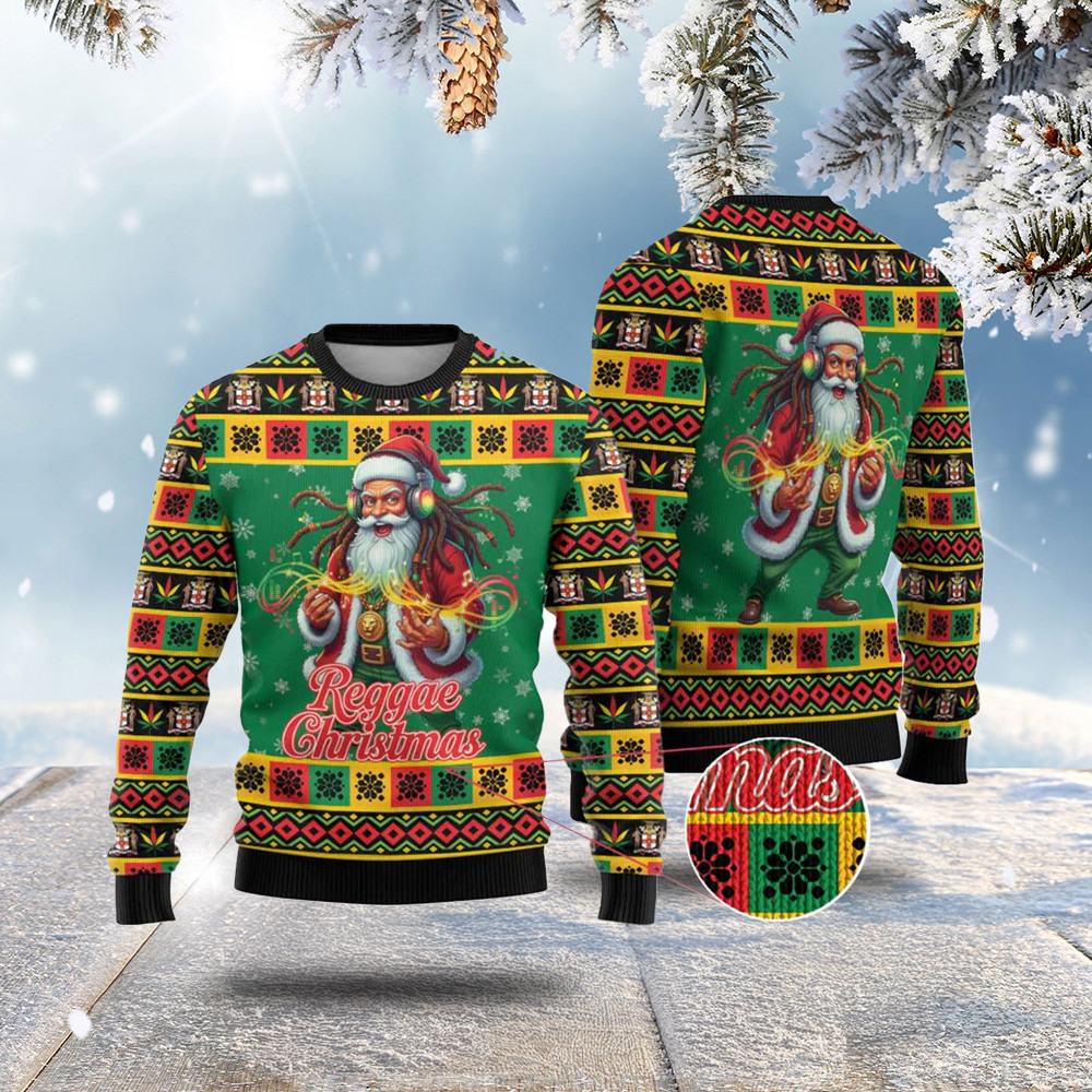 Jamaica Christmas Ugly Christmas Sweater Reggae Santa with Dreadlocks Design