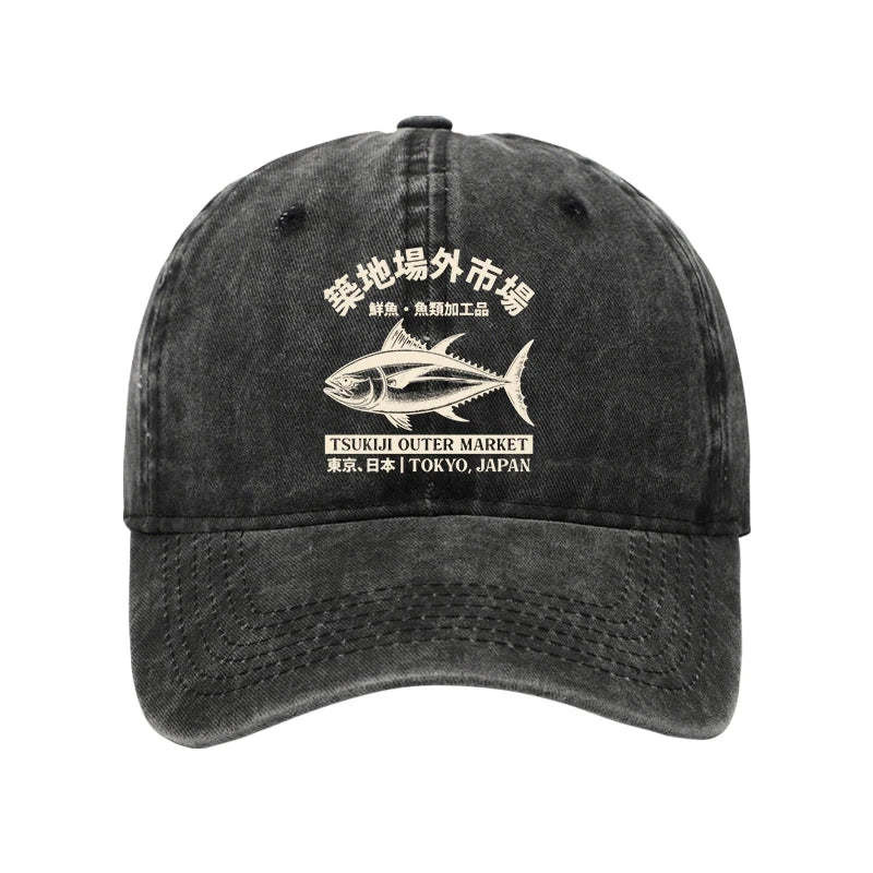 Japan Tsukiji Fish Market Washed Hat Kanji Art Pattern Vintage Style Cap Good Gifts