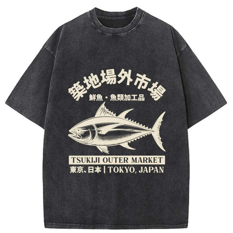Japan Tsukiji Fish Market Washed T-Shirt Funny Aesthetic Trendy Apparel Gifts For Besties