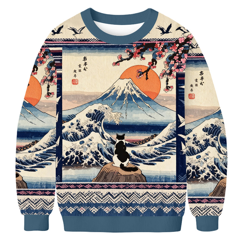 Japanese A Cat Sits On A Rock Ugly Sweater The Great Wave Art Sweater Unique Gifts For Cat Lover