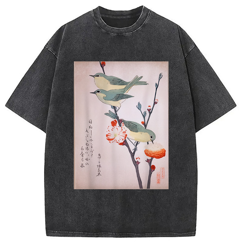 Japanese Art Birds on Cherry Blossom Washed T-Shirt Classic Graphic Fashion Tee Gifts For Her