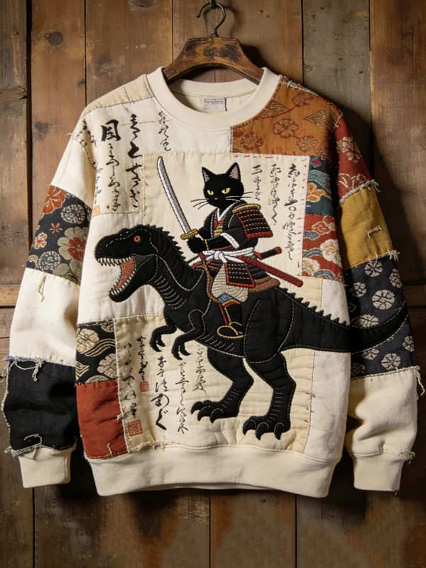 Japanese Art Black Cat Dinosaur Sweatshirt Men Ukiyo-e Patchwork Best Gift Ideas