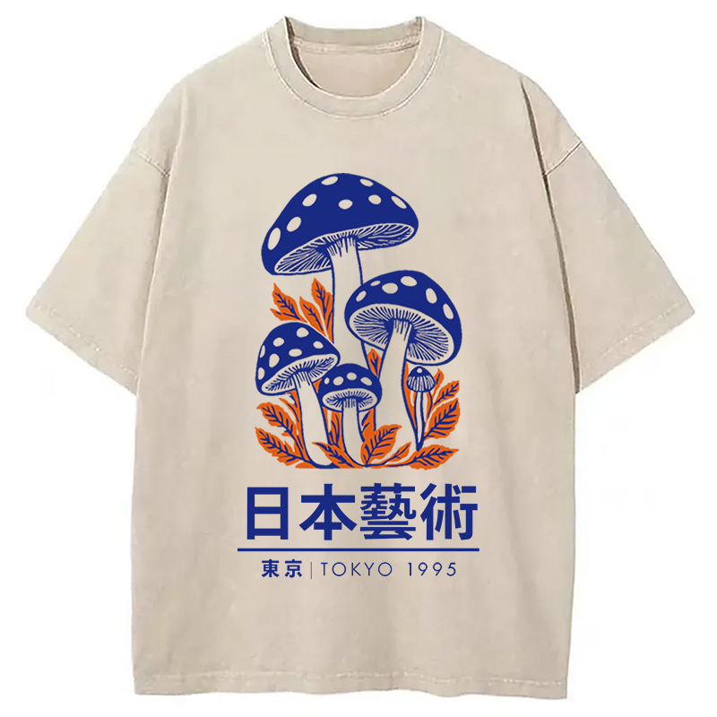 Japanese Art Blue Mushroom Washed T-Shirt Funny Graphic Gift For Friends Gifts For Brother