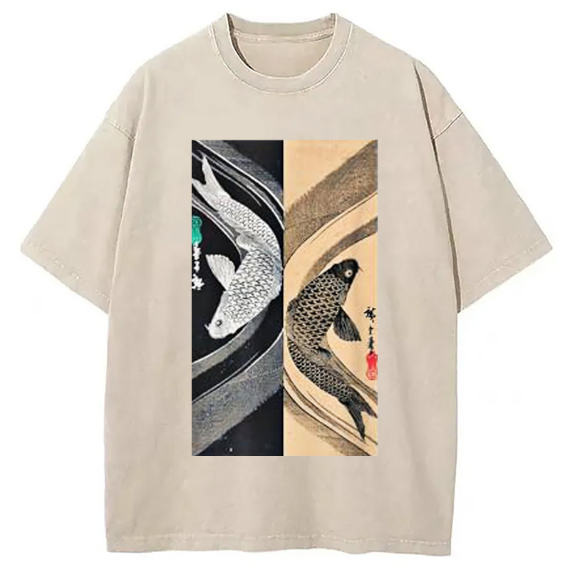 Japanese Art Fish Graphic Washed T-Shirt Unique Aesthetic Fashion Tee Gifts For Him