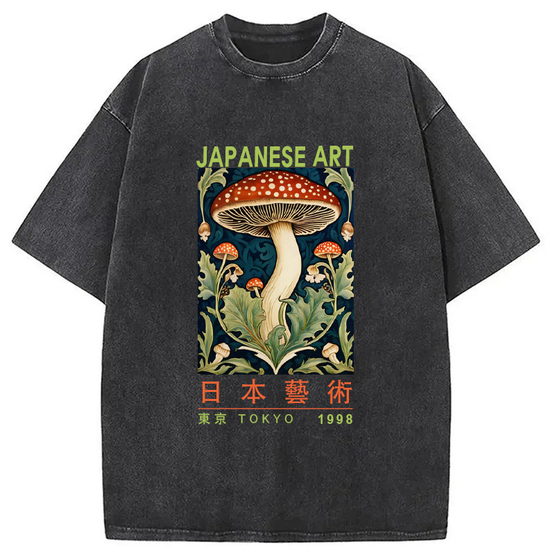 Japanese Art Mushroom Vintage Washed T-Shirt Soft Cotton Daily Wear Tee Gifts For Him Japanese Art Mushroom Vintage Washed T-Shirt Soft Cotton Daily Wear Tee Gifts For Him