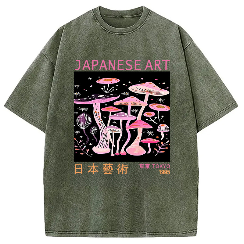 Japanese Art Pink Hallucinogenic Mushrooms Washed T-Shirt Cool Graphic Tee For Men Women Gifts For Friends