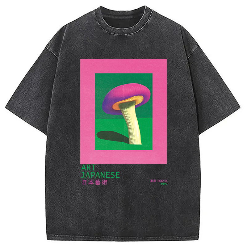 Japanese Art Pink Mushroom Vintage Washed T-Shirt Unique Aesthetic Fashion Tee Gifts For Her