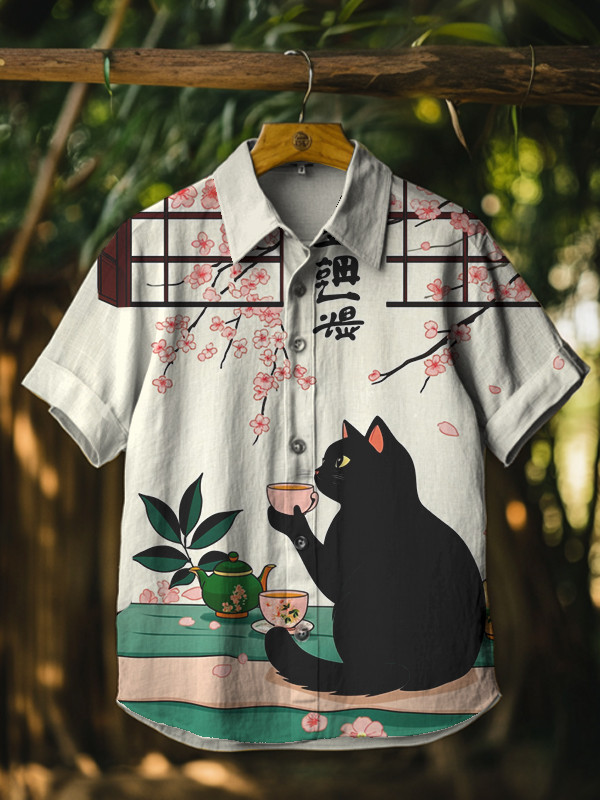 Japanese Art Sakura Black Cat Drinks Tea Print Hawaiian Shirt Gifts For Cat Lovers