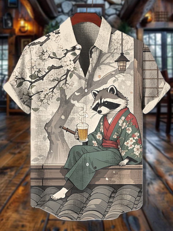 Japanese Art Sakura Raccoon Drinks Beer Hawaiian Shirt Gifts For Raccoon Lovers