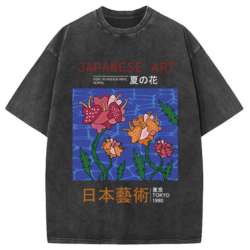 Japanese Art Summer Flower Washed T-Shirt Cool Graphic Tee For Men Women Gifts For Besties