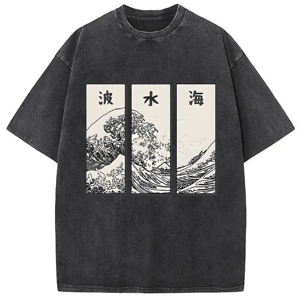 Japanese Art Wave Washed T-Shirt Unique Aesthetic Fashion Tee Gifts For Her