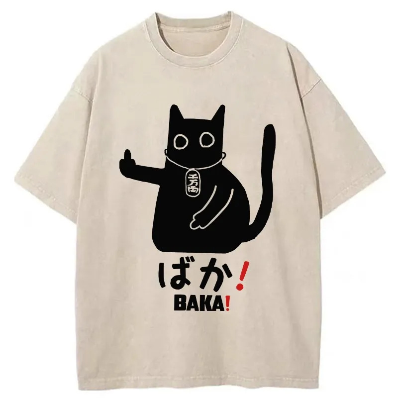 Japanese Baka Cat Washed T-Shirt Funny Aesthetic Trendy Apparel Gifts For Him