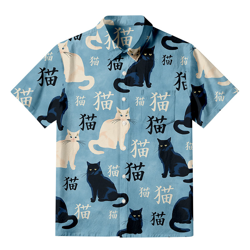 Japanese Black And White Cat Button Up Shirt Animal Themed Japanese Art Shirt Cat Lover Gifts